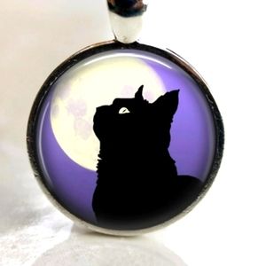 New Black Cat Full Moon Silver Glass Cab Necklace.